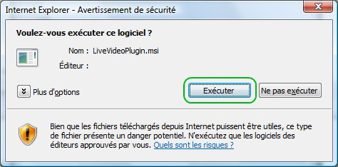 Internet Explorer ouvre un 'Avertissement de sécurité' avec le nom de l'auteur du fichier (SARL IVèS) cliquez sur  'Exécuter' pour installer le plugin.